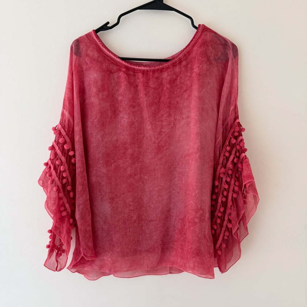 100% Silk Sheer Poncho Top Pink Pom Pom XL Lagenlook Art To Wear Made in Italy